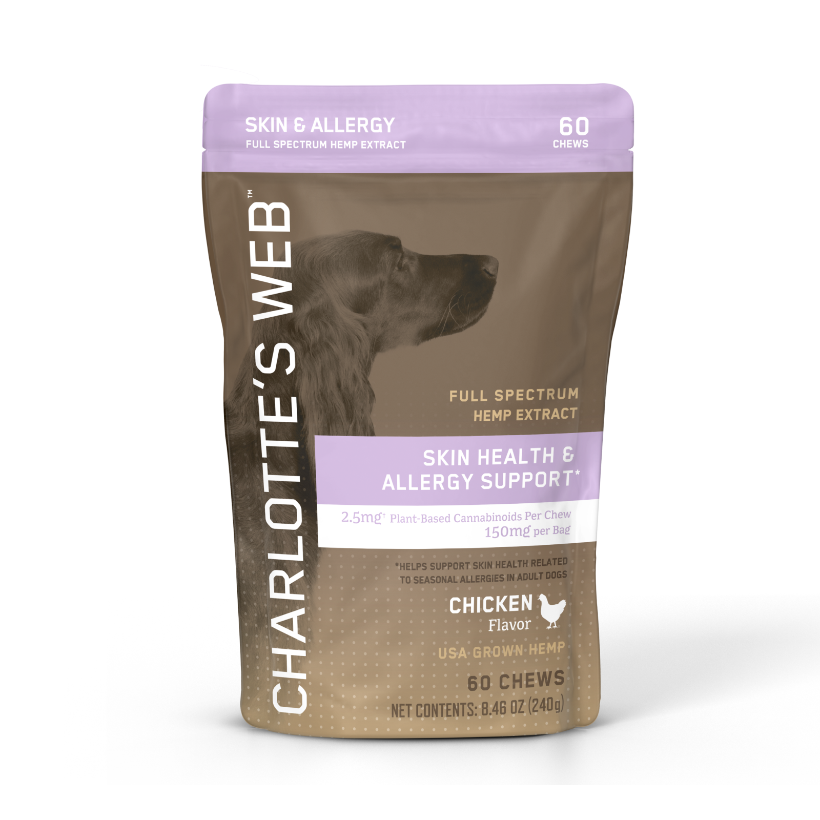 Bag of Charlotte's Web full spectrum hemp extract chews for dogs on a white background