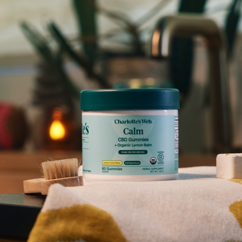 Charlotte's Web Calm CBD Gummies on white blanket