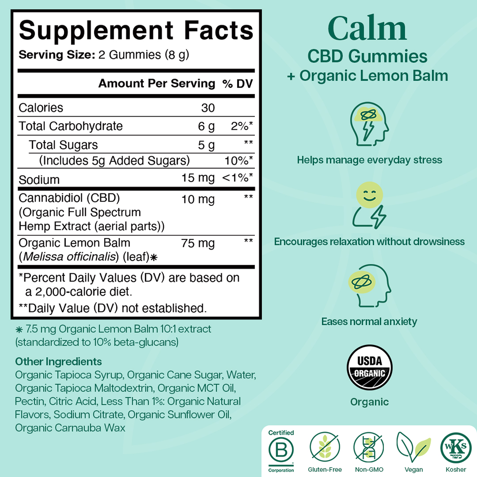 Product Image for Charlotte&#39;s Web Calm CBD Gummies supplement facts on blue background