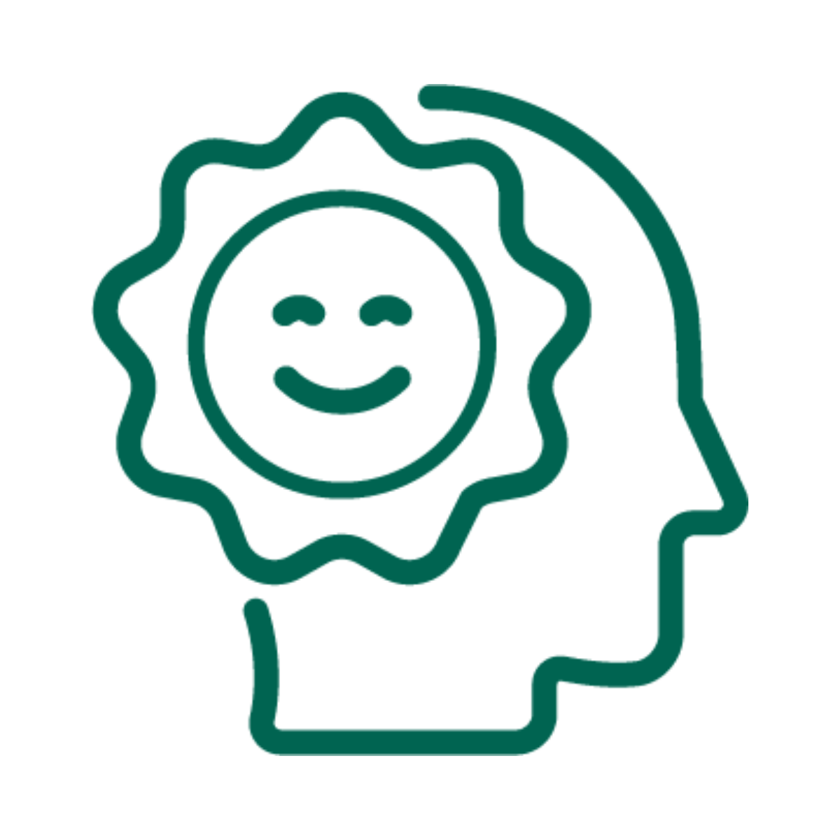 Green icon of a head with a smiling face inside on a white background
