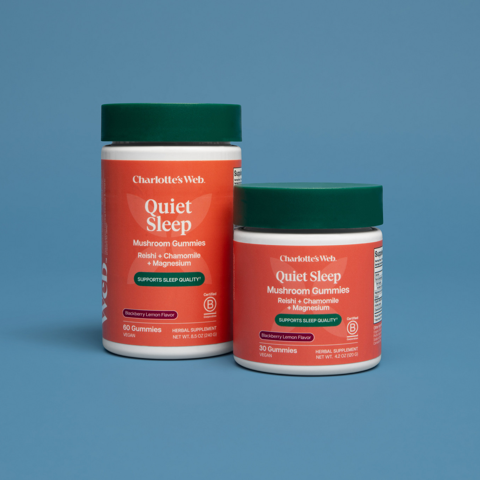 Product Image for Two jars of Charlotte&#39;s Web Quiet Sleep Mushroom Gummies on a blue background