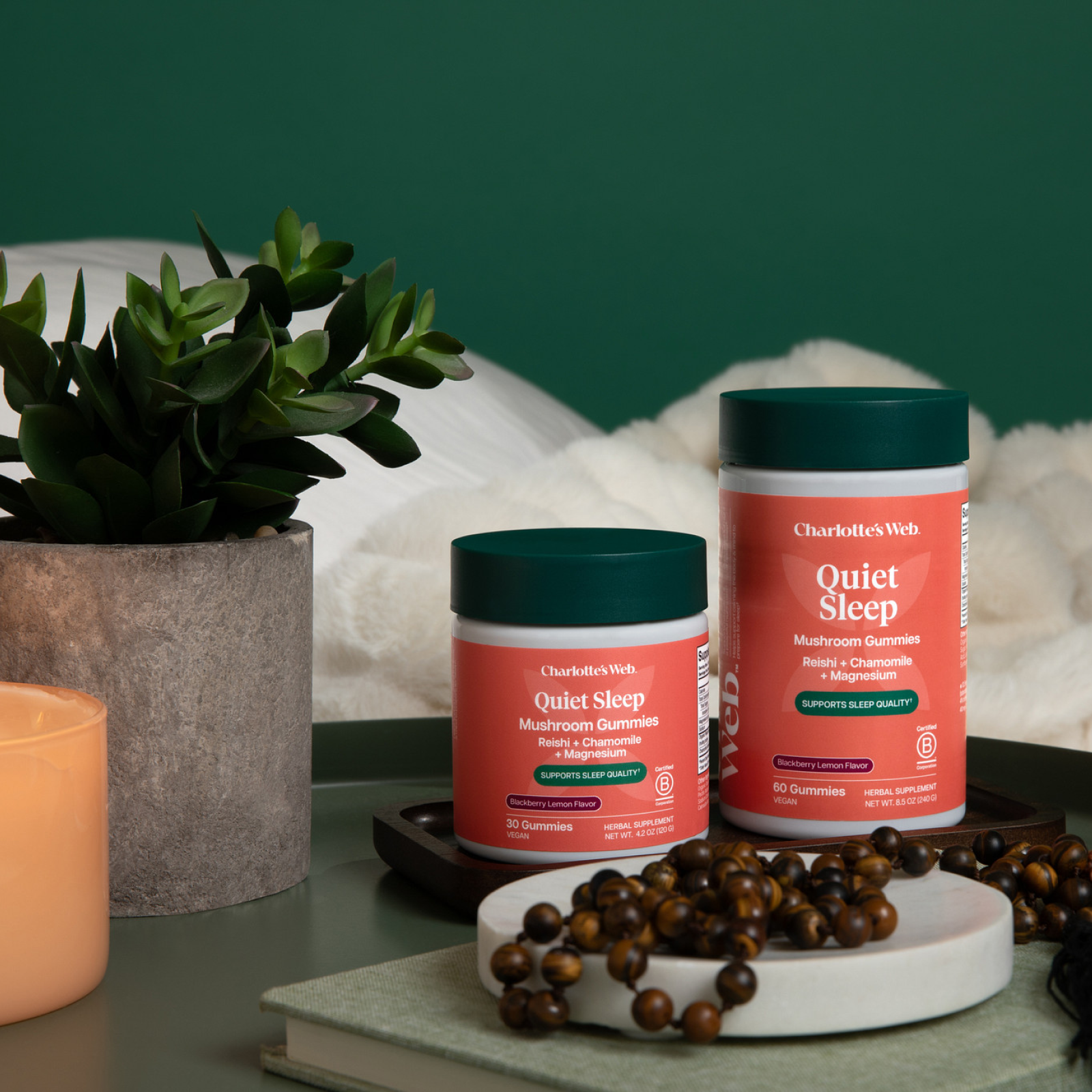 Product Image for Two containers of Charlotte&#39;s Web Quiet Sleep supplement on a table with a plant and candle in the background.