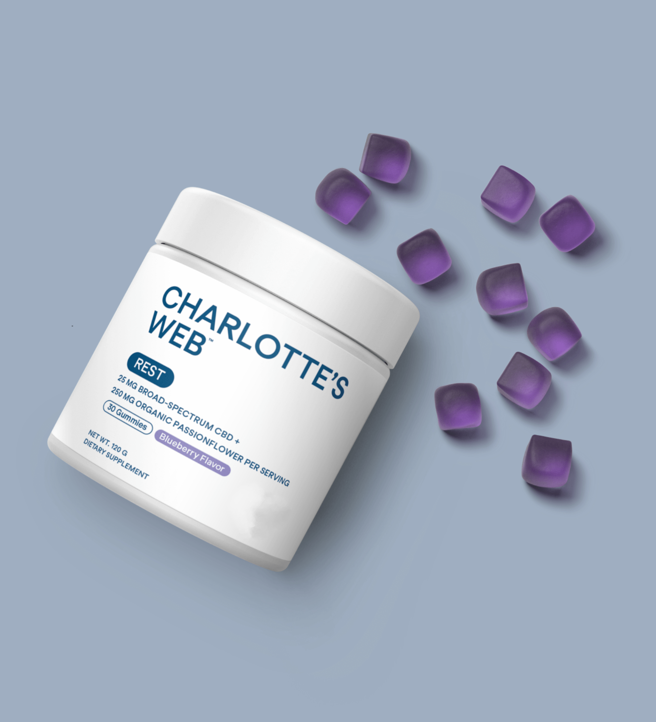 Jar of Charlotte's Web Rest supplement with purple capsules on a light blue background
