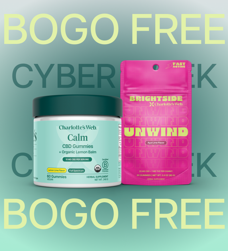 Charlotte's Web Calm and Unwind Gummies on a green background with promotional Cyber Week text.