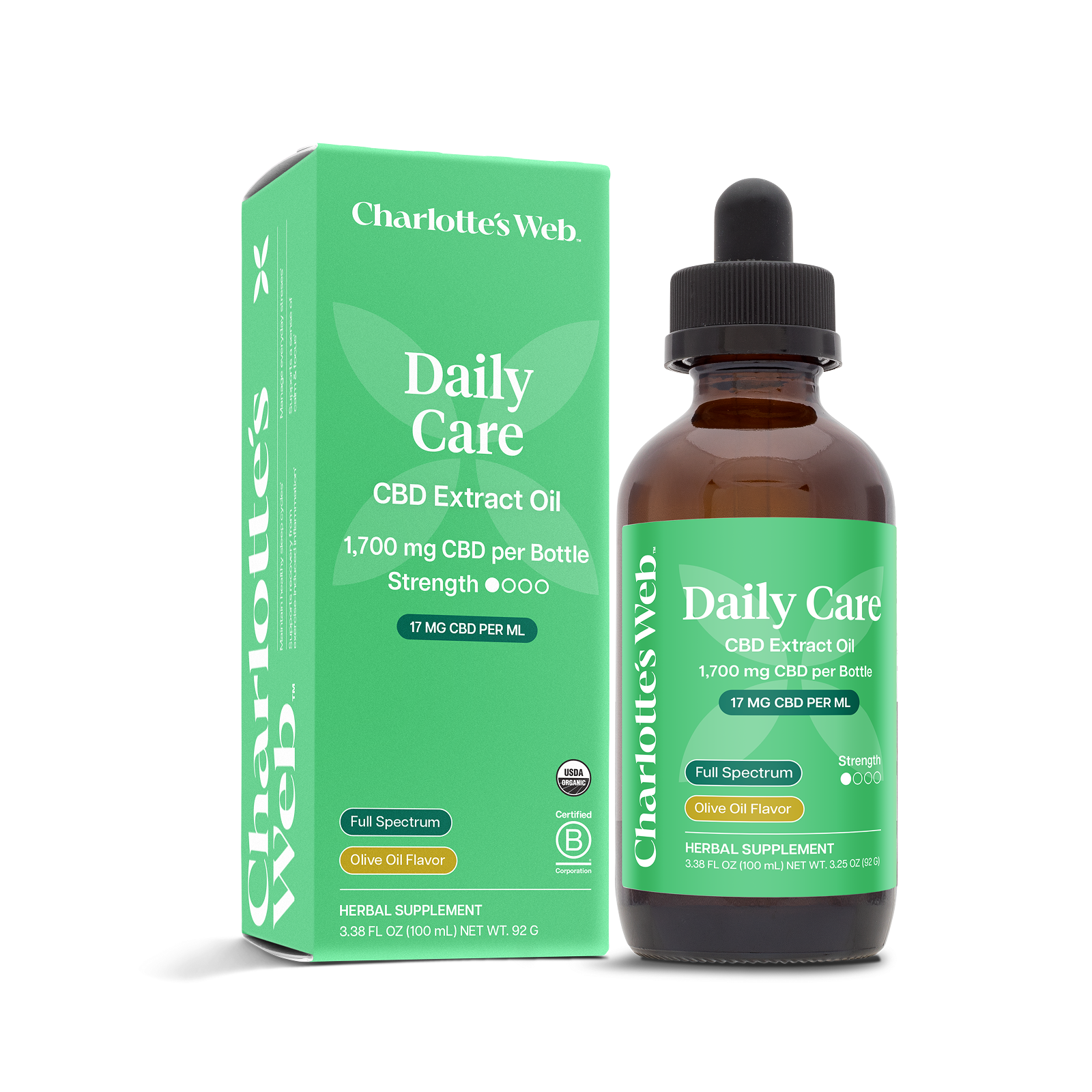 Product Image for Charlotte&#39;s Web Daily Care CBD Extract Oil bottle and packaging on a white background