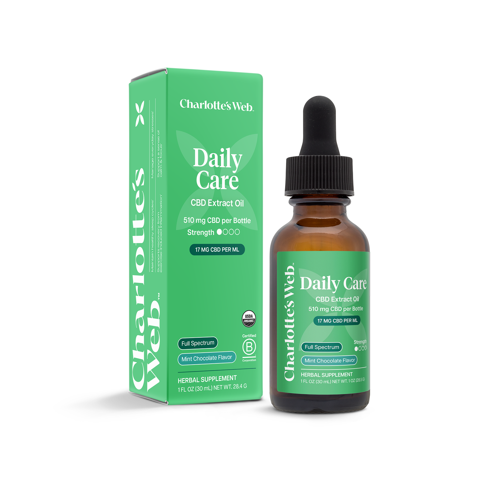 Product Image for Charlotte&#39;s Web Daily Care CBD Extract Oil bottle and packaging on a white background