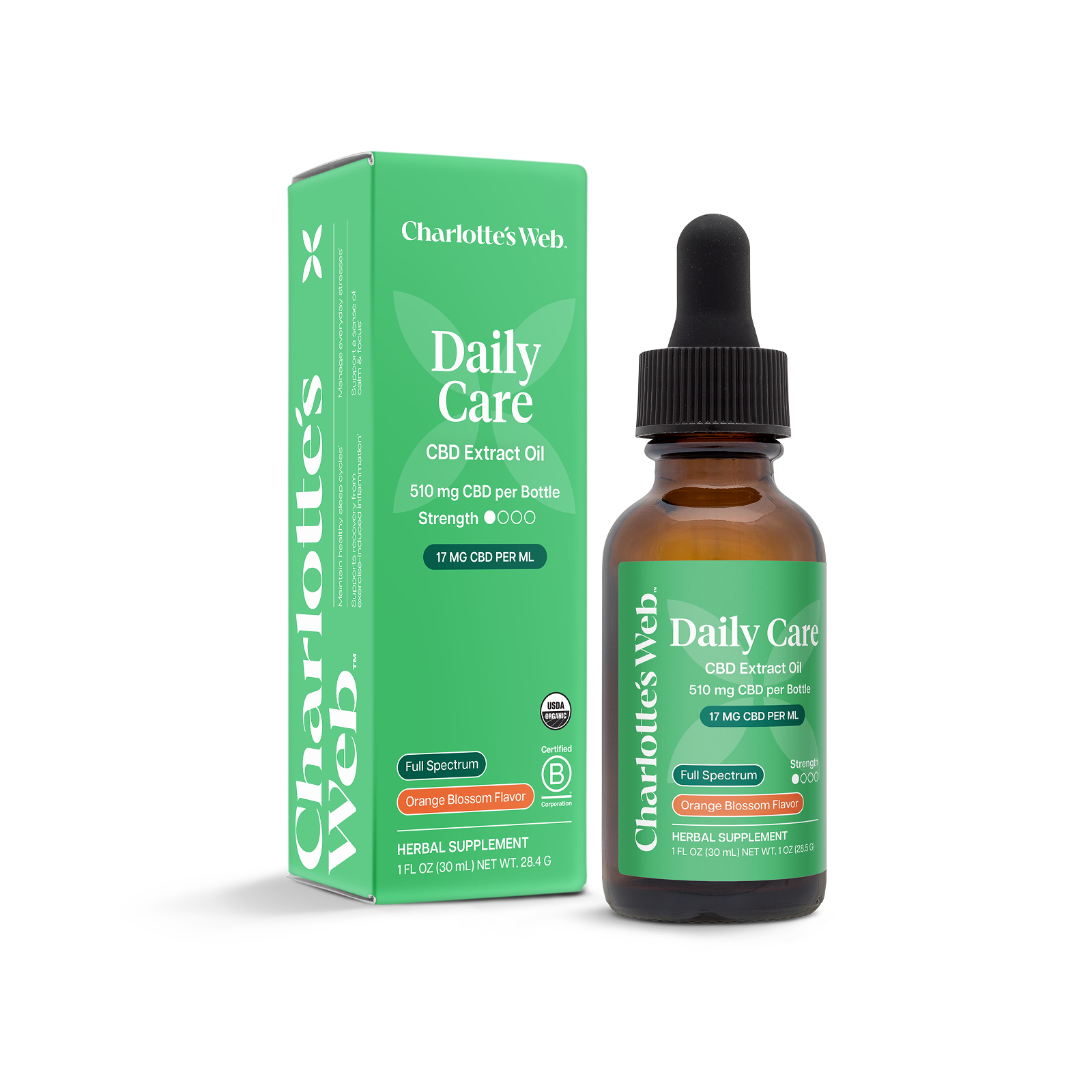 Product Image for Charlotte&#39;s Web Daily Care CBD Extract Oil bottle and packaging on a white background