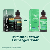 Product Image for Two bottles of Charlotte&#39;s Web CBD products with their packaging on a light green background.
