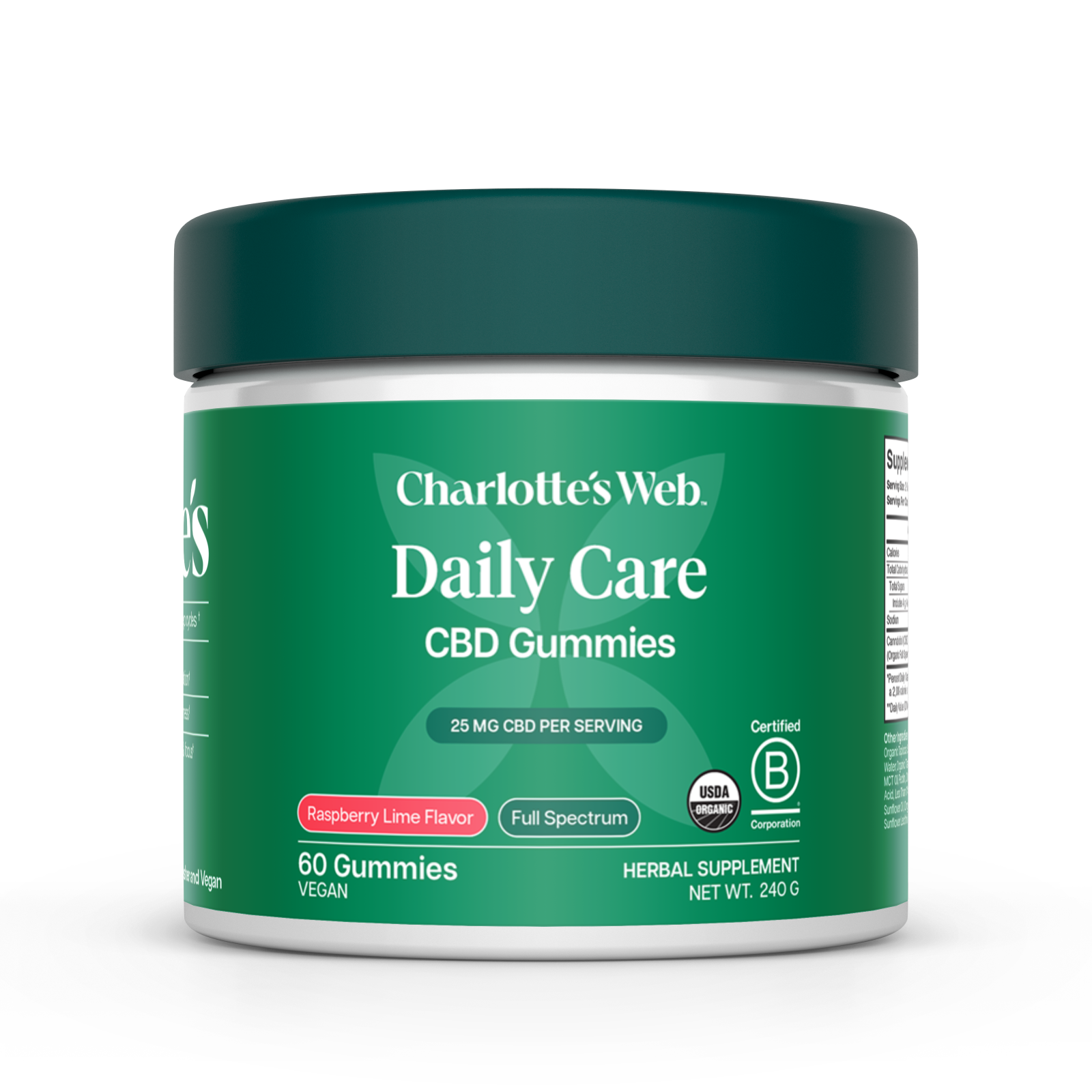 Jar of Charlotte&#39;s Web Daily Care CBD Gummies on white background