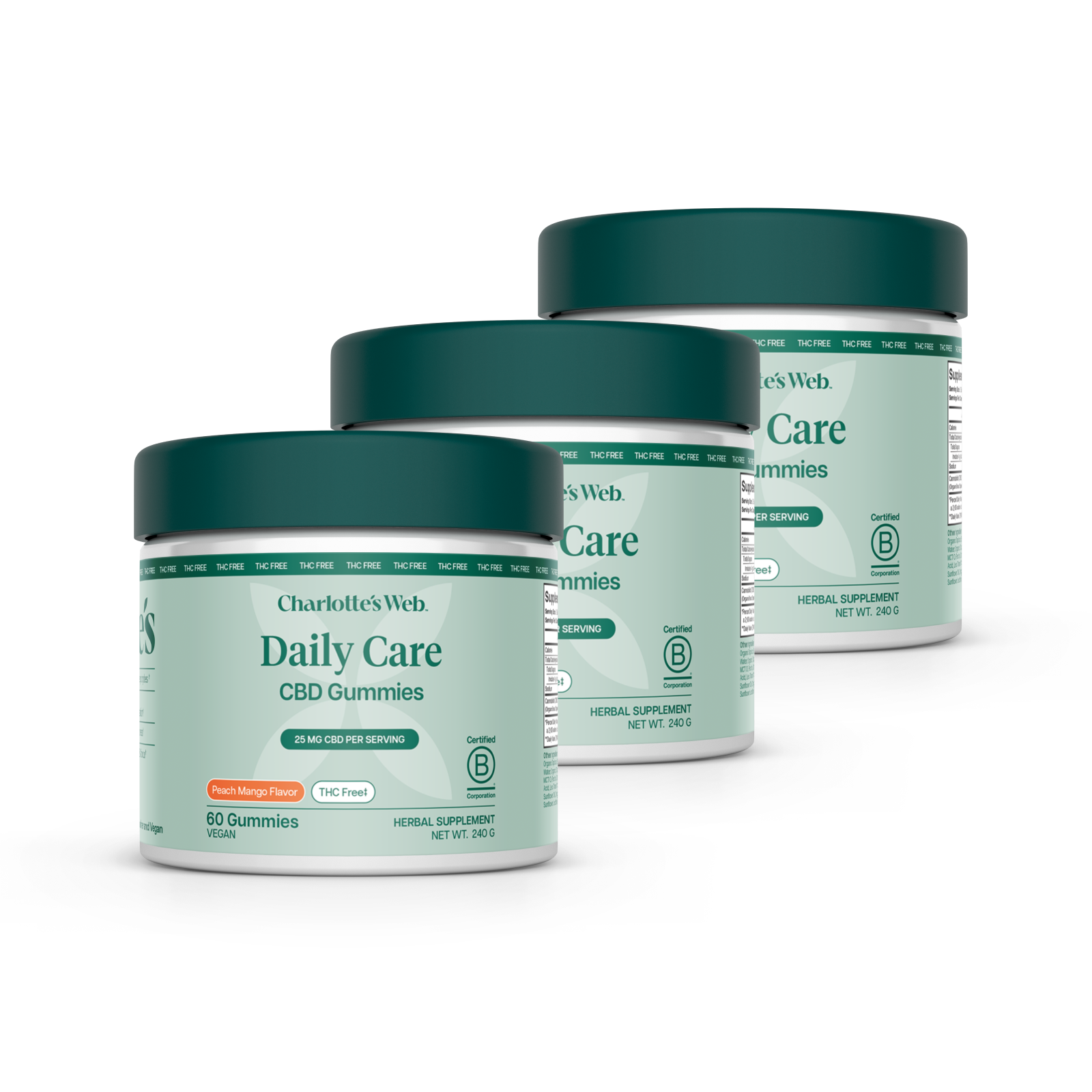 Three jars of Charlotte's Web Daily Care CBD Gummies on a white background