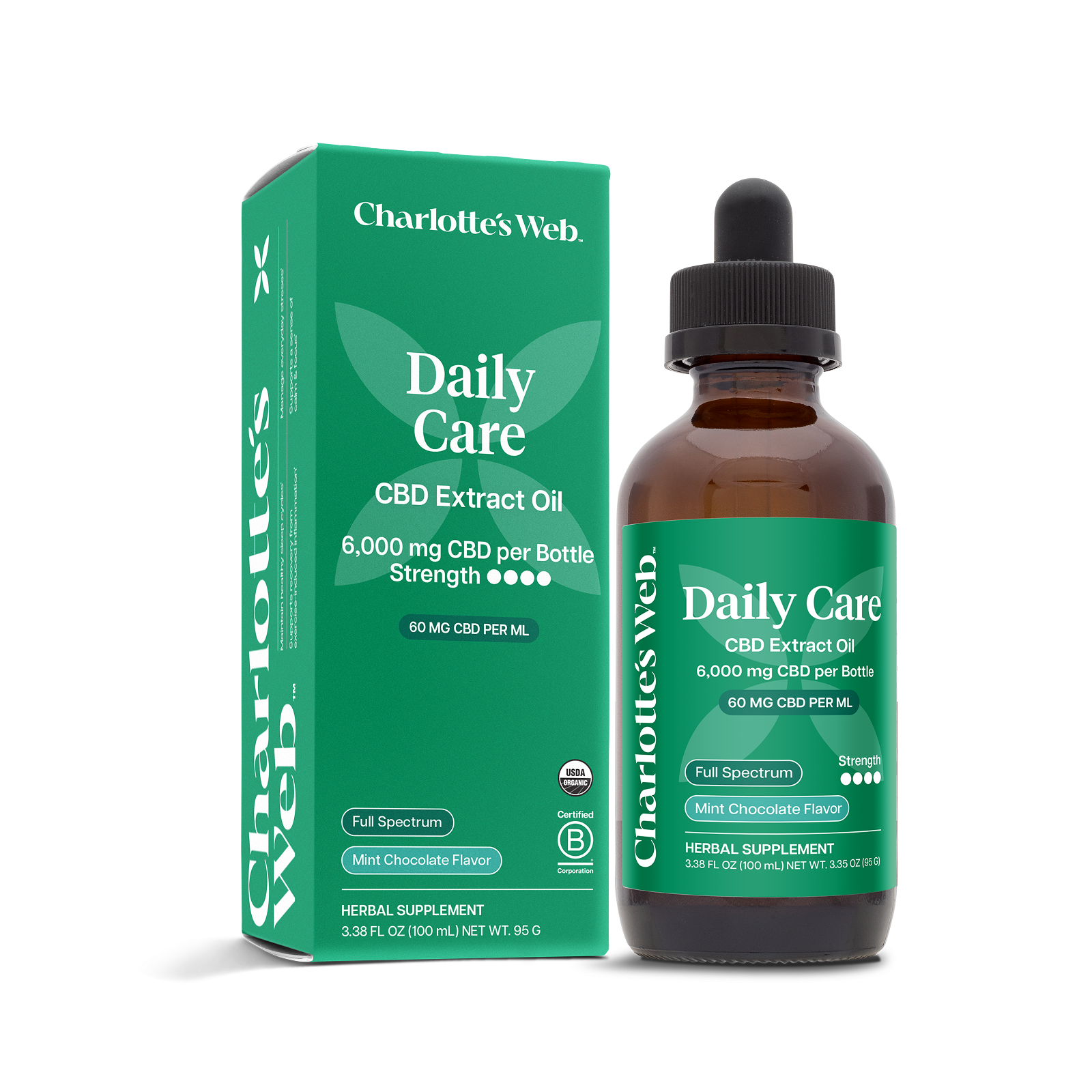 Charlotte's Web Daily Care CBD Extract Oil bottle and packaging on a white background