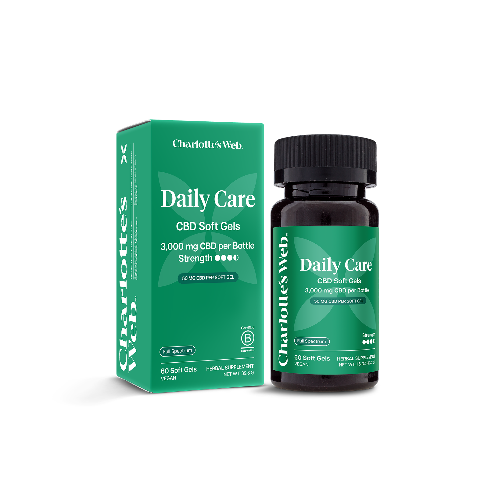 Charlotte's Web Daily Care CBD Soft Gels packaging and bottle on a white background