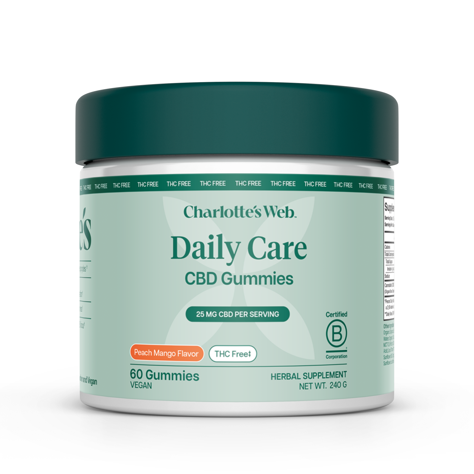 Jar of Charlotte&#39;s Web Daily Care 25mg CBD Gummies on a white background