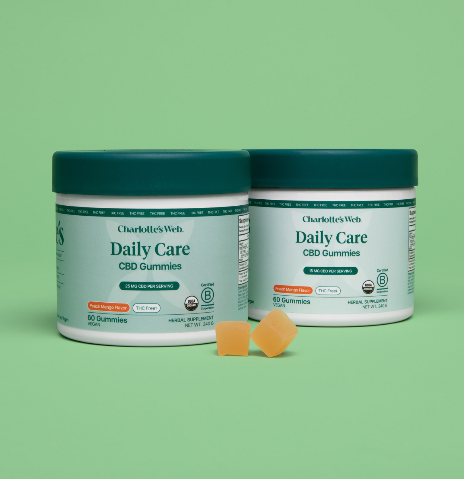 Product Image for Two jars of Charlotte&#39;s Web Daily Care CBD Gummies on a green background