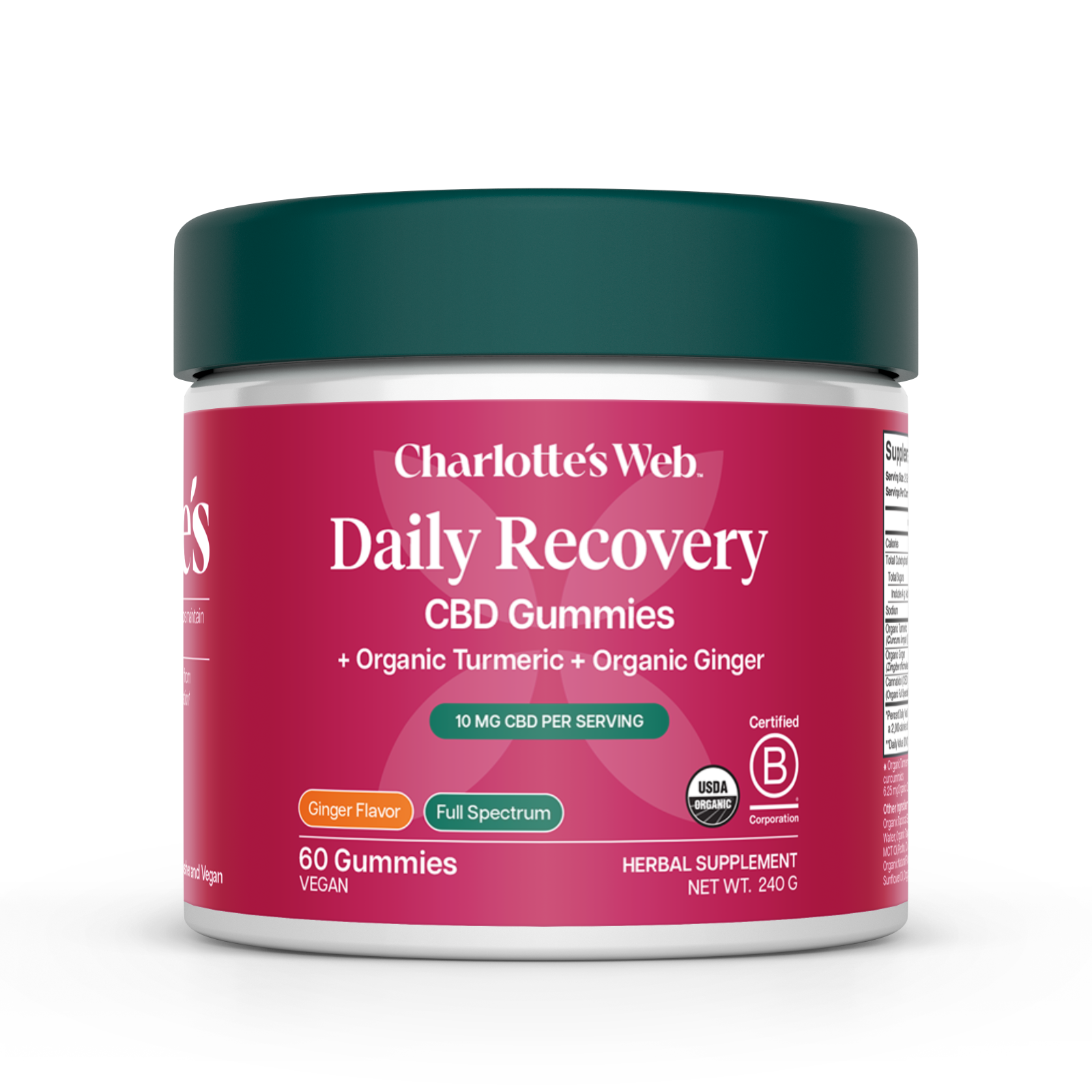Jar of Charlotte&#39;s Web Daily Recovery CBD Gummies on a white background