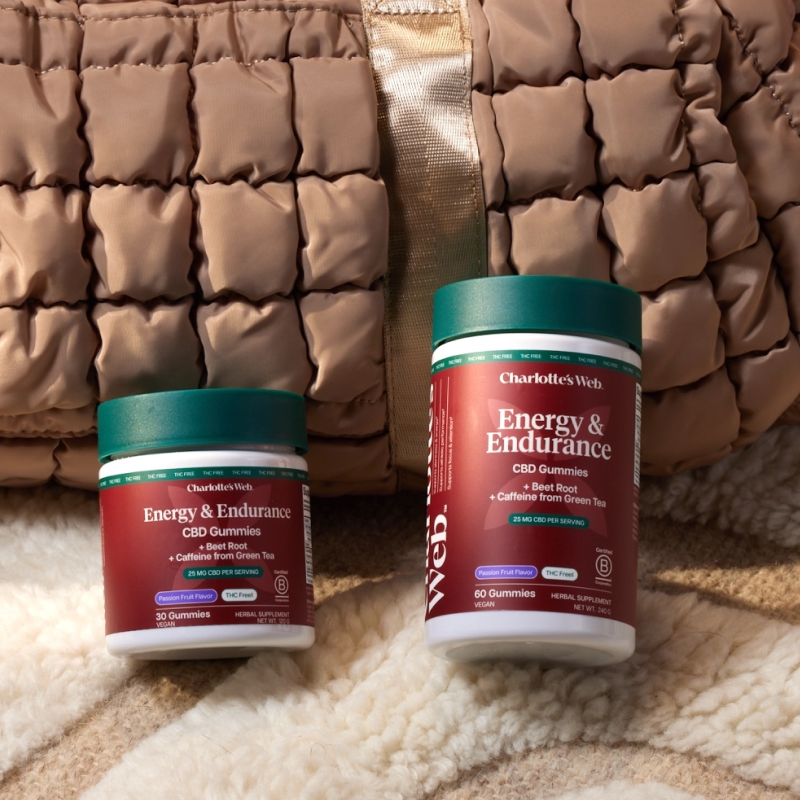 Two containers of Energy & Endurance gummies laying next to a quilted bag