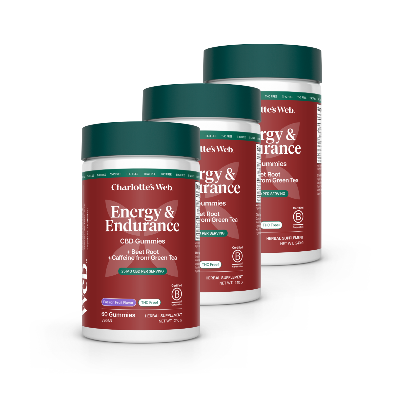 Three bottles of Charlotte's Web Energy & Endurance gummies on a white background