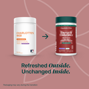 Product Image for Two containers of Energy &amp; Endurance gummies on a dark red background that says &#39;Refreshed Outside. Unchanged Inside.&#39;