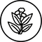 Black and white icon of a flower with leaves inside a circle
