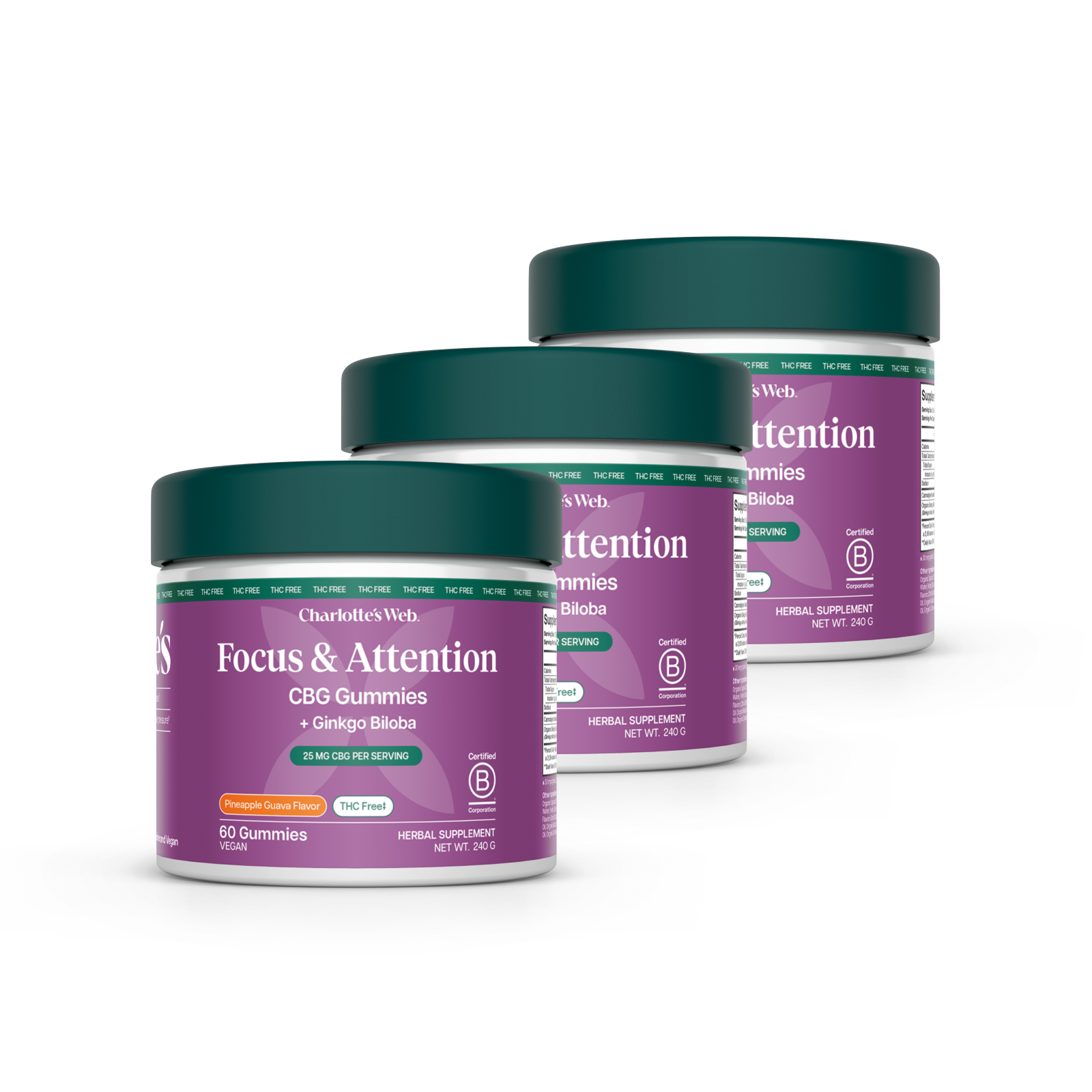 Three jars of Charlotte's Web Focus & Attention and CBG Gummies on a white background