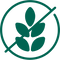 Green icon with a circle and a diagonal line crossing out three leaves, symbolizing a no-wheat or gluten-free symbol.