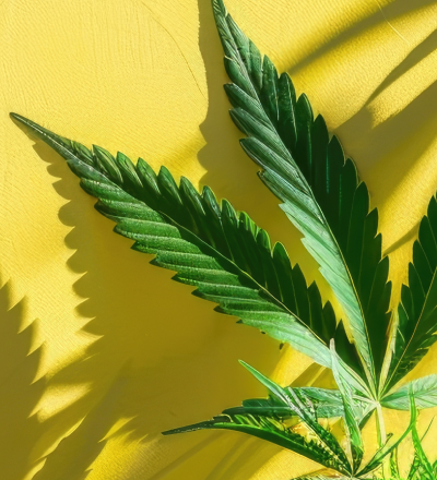 Green hemp leaf on a yellow background
