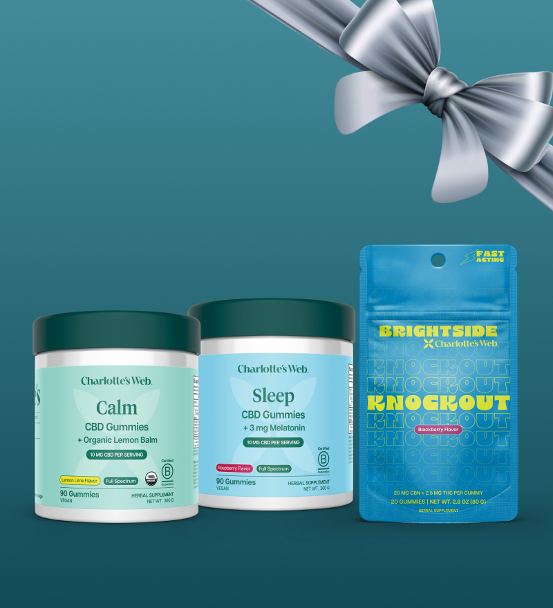 Three Charlotte's Web Sleep product containers with a silver bow on a teal background