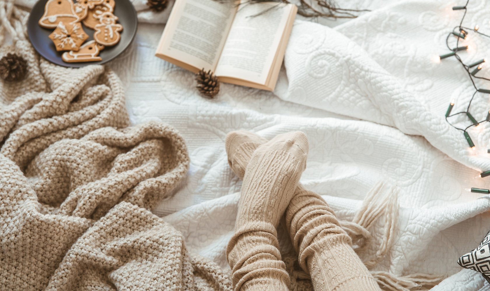 Cozy scene with knitted socks, a book, and cookies on a soft surface.