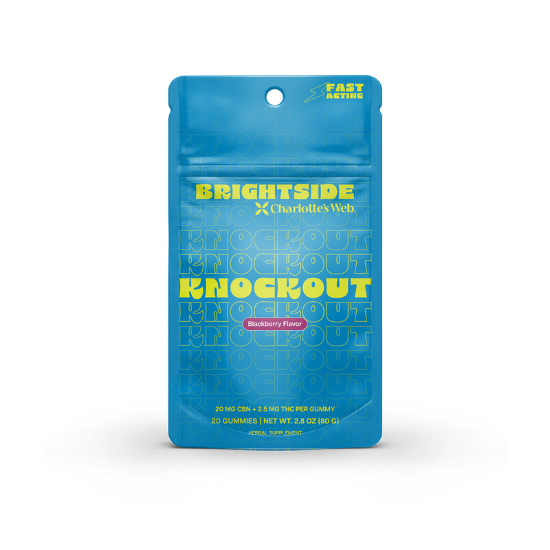 Blue packaging of Brightside Charlotte's Web Knockout gummies on a white background