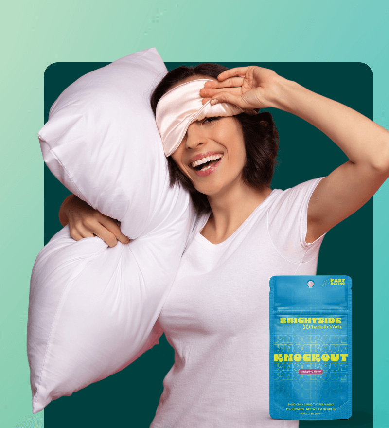 Woman wearing a sleep mask with a pillow, next to a package labeled 'Brightside Knockout'.