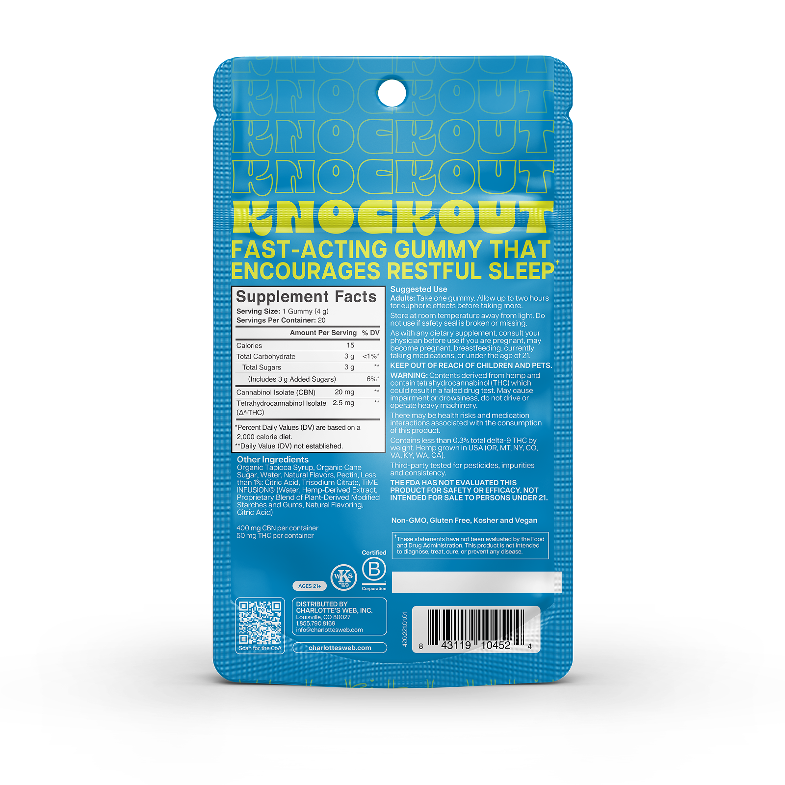 Product Image for Back packaging of Knockout fast-acting gummy with yellow text on a white background