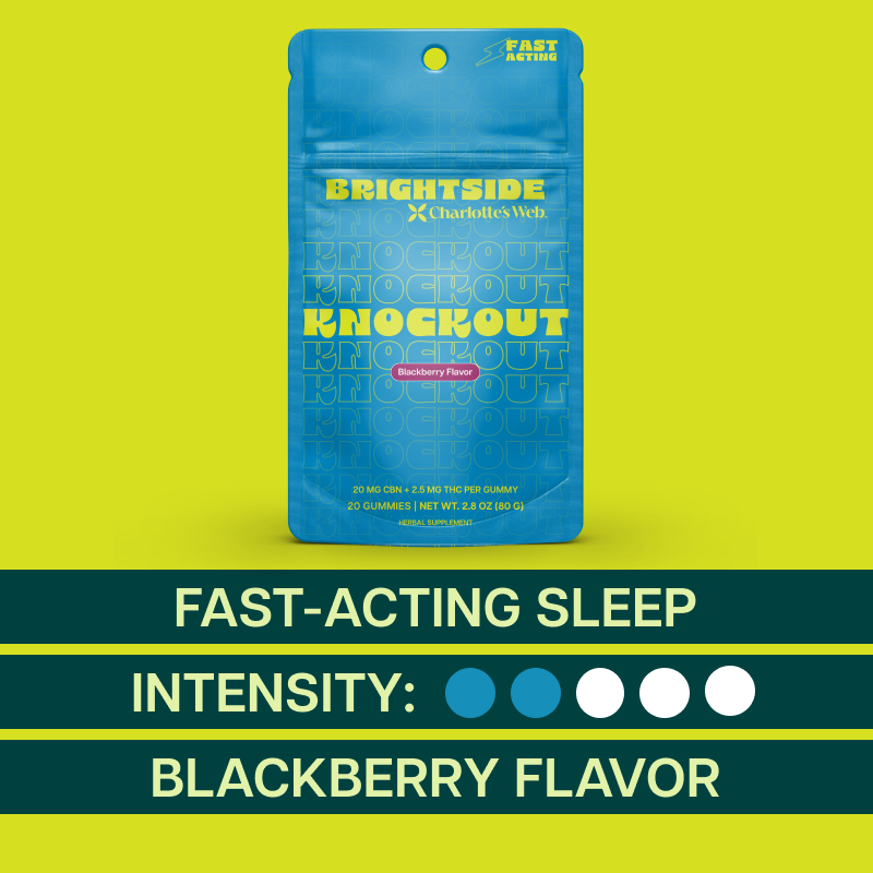 Blue packaging of Brightside Knockout on a green background