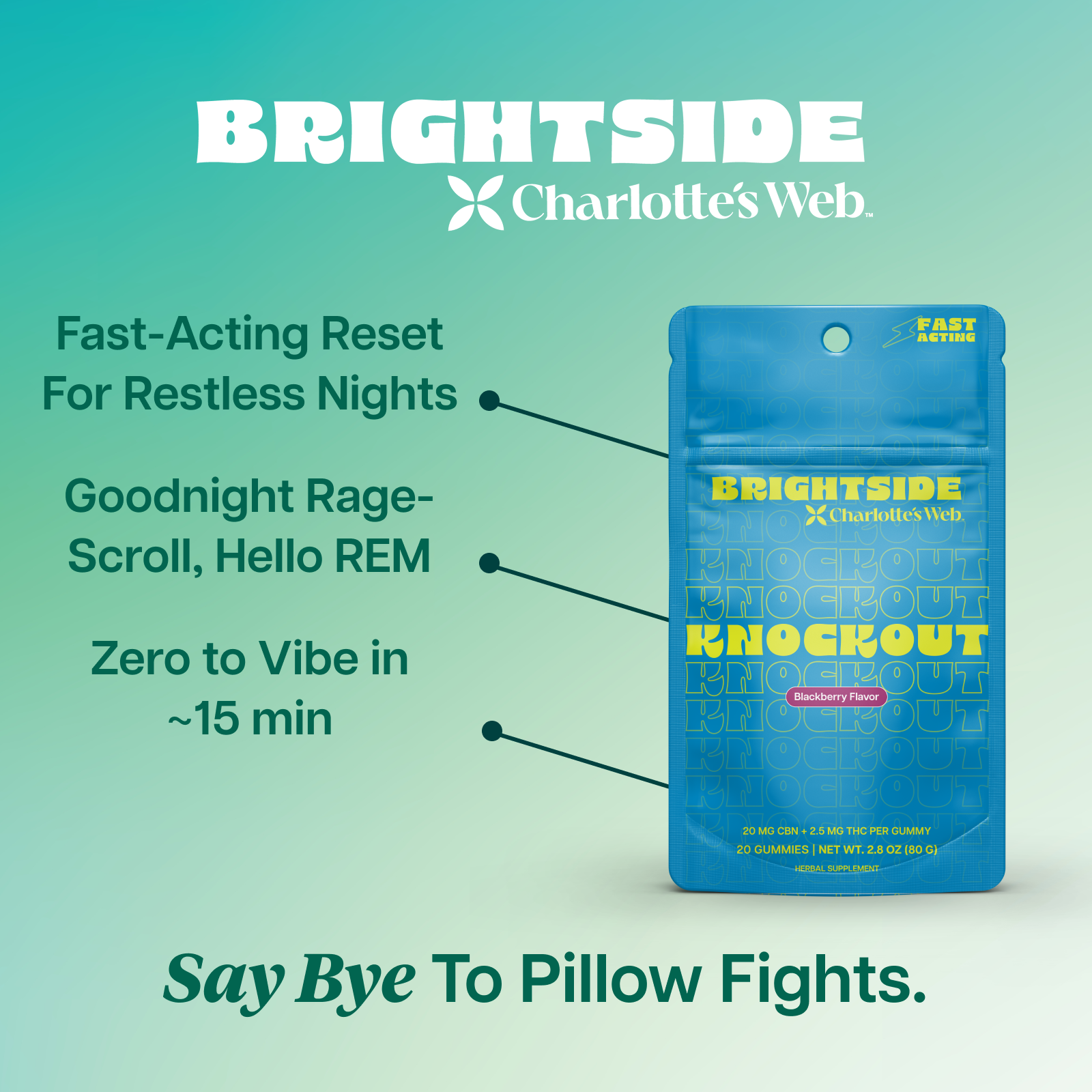 Product Image for Blue package of Brightside Charlotte&#39;s Web on a teal background with text about product benefits.