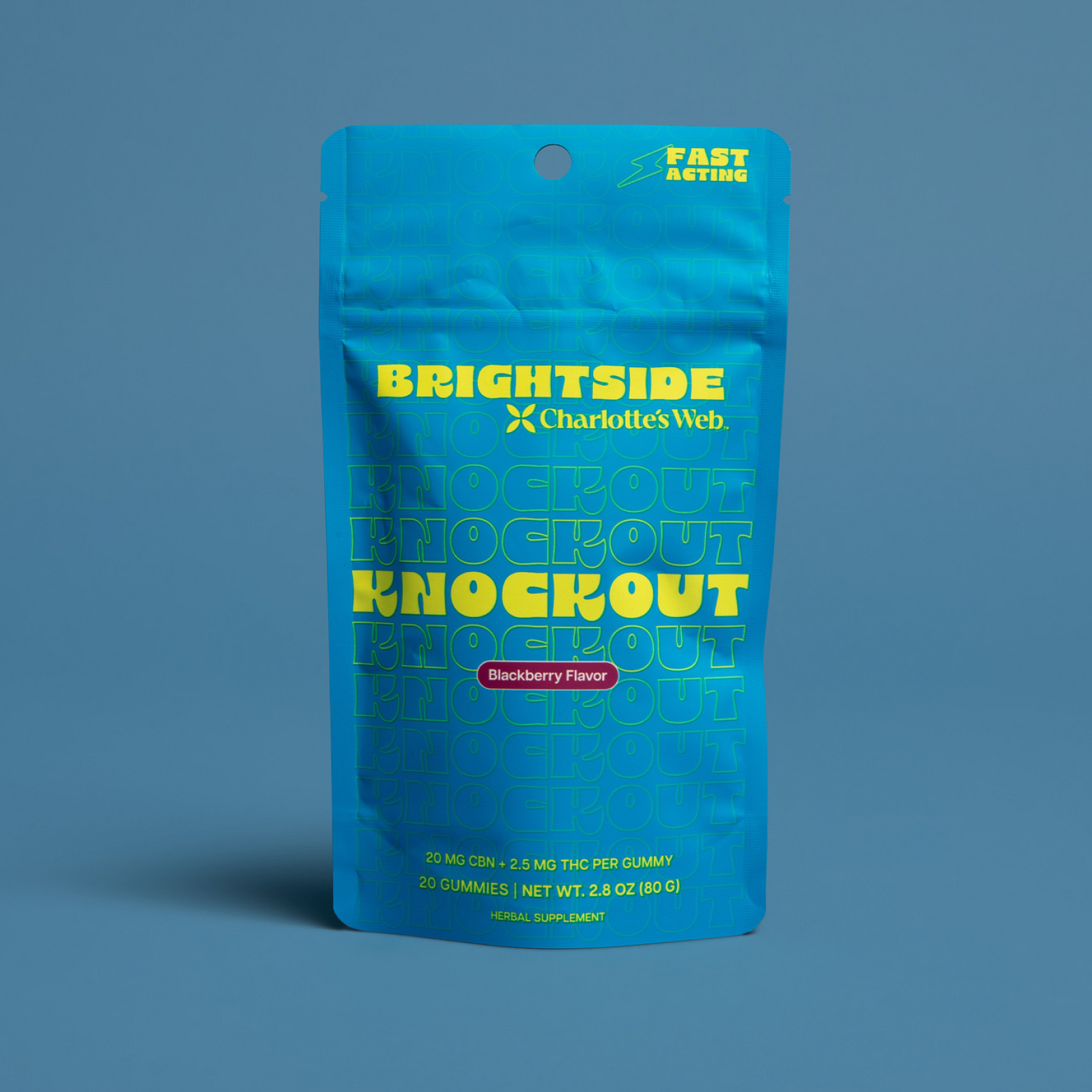 Product Image for Blue packaging of Brightside Charlotte&#39;s Web Knockout gummies on a blue background
