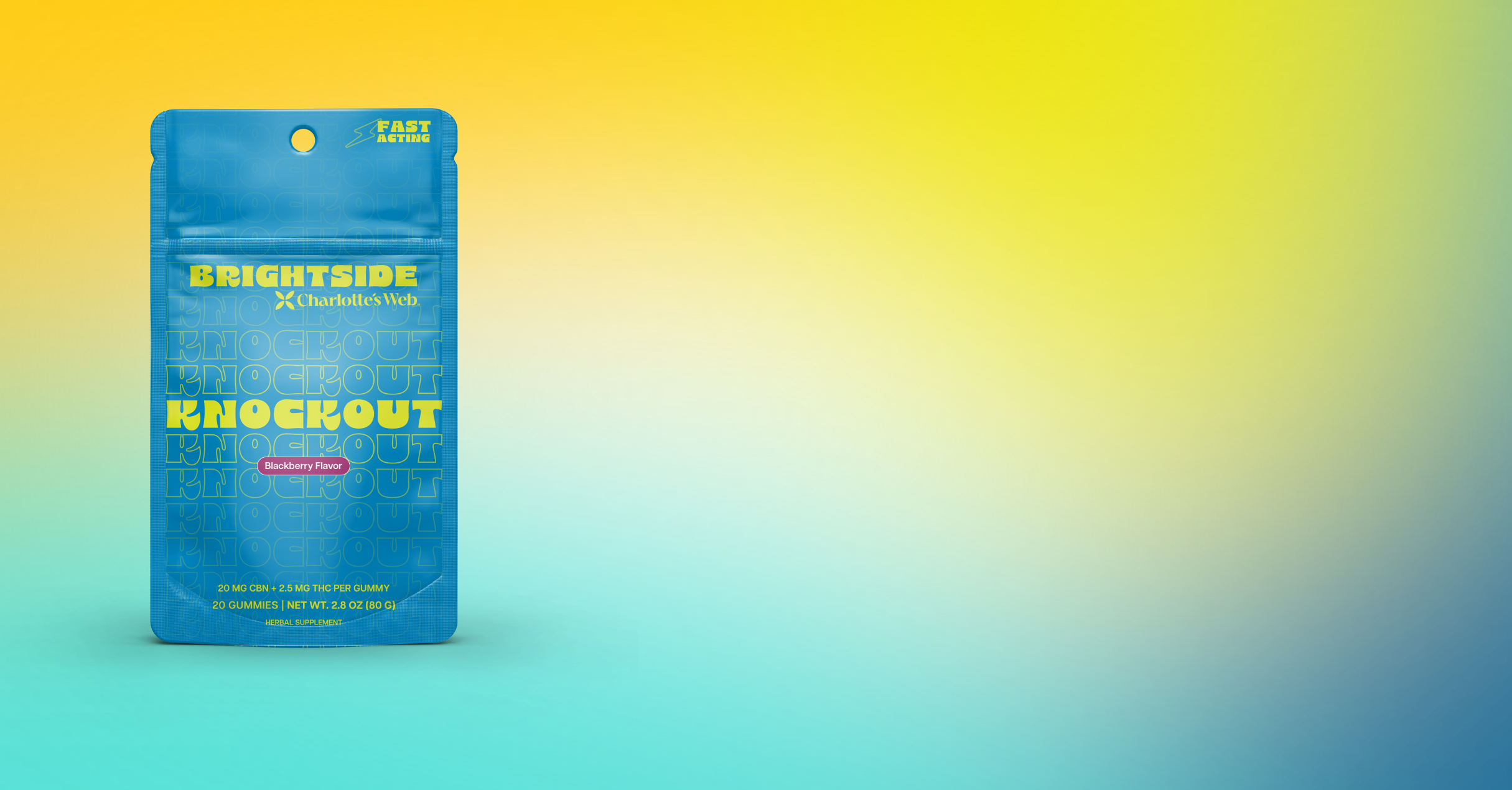 Blue package labeled 'Brightside Knockout' on a gradient background