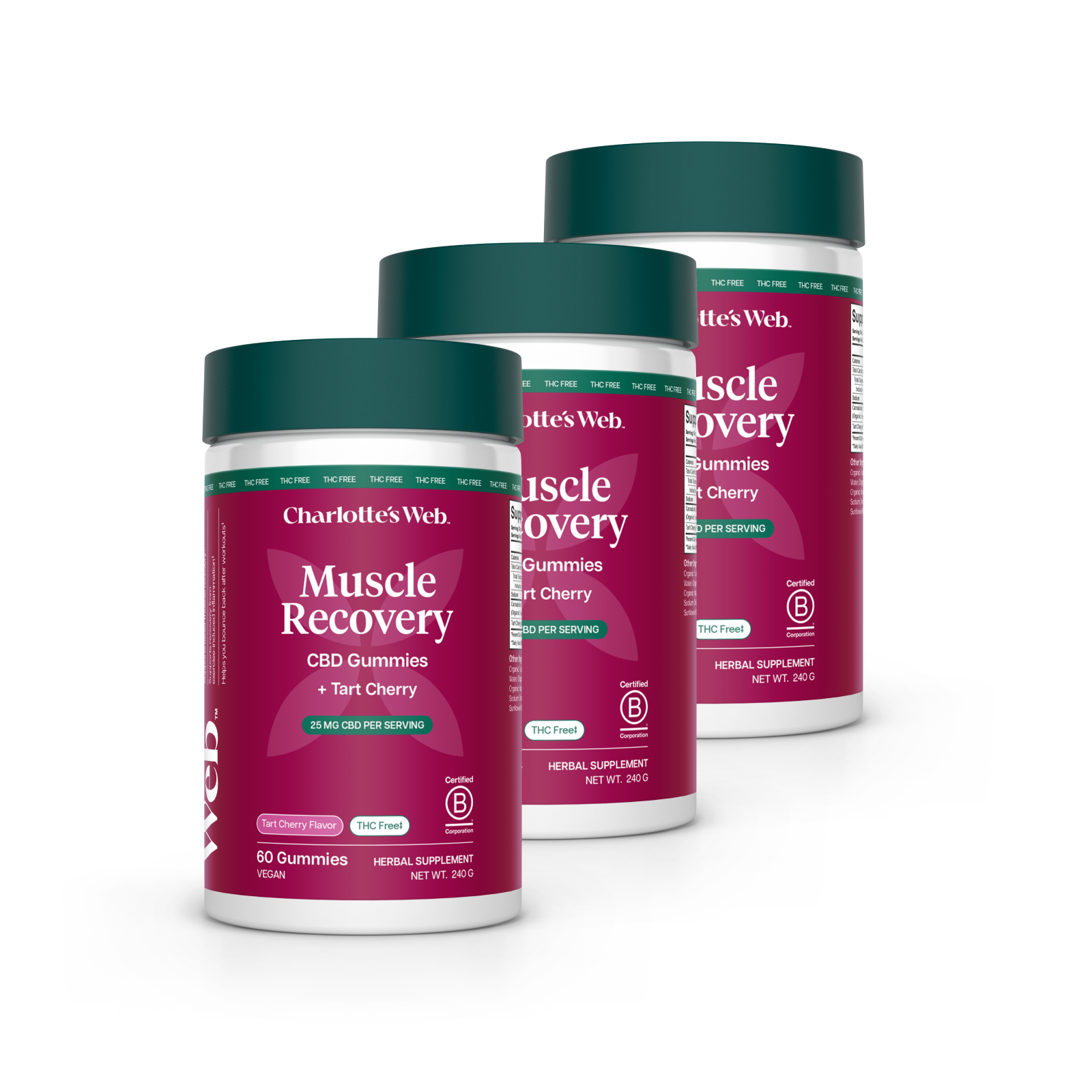 Three containers of Charlotte's Web Muscle Recovery CBD Gummies with Tart Cherry flavor on a white background.