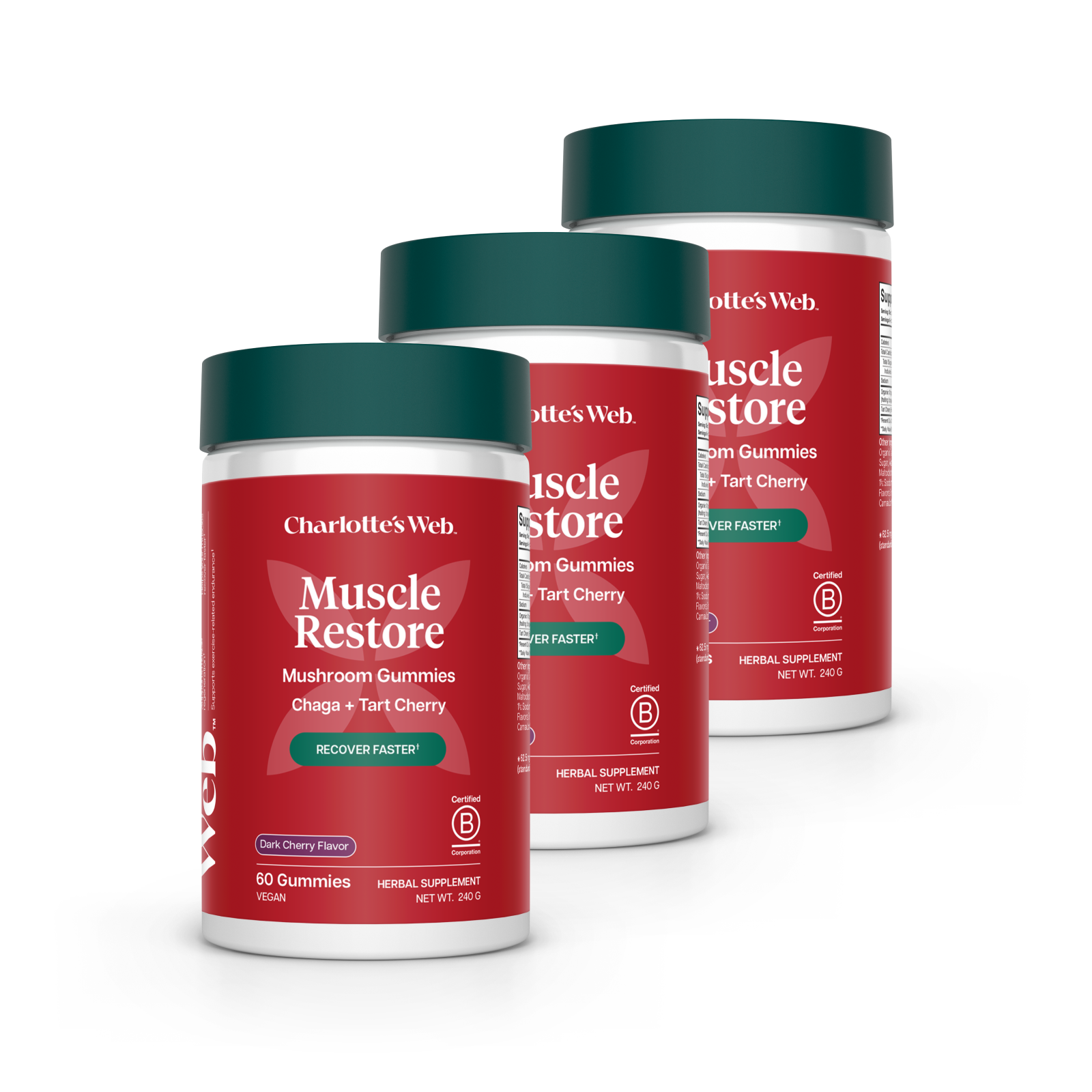 Three containers of Charlotte's Web Muscle Restore Mushroom Gummies on a white background