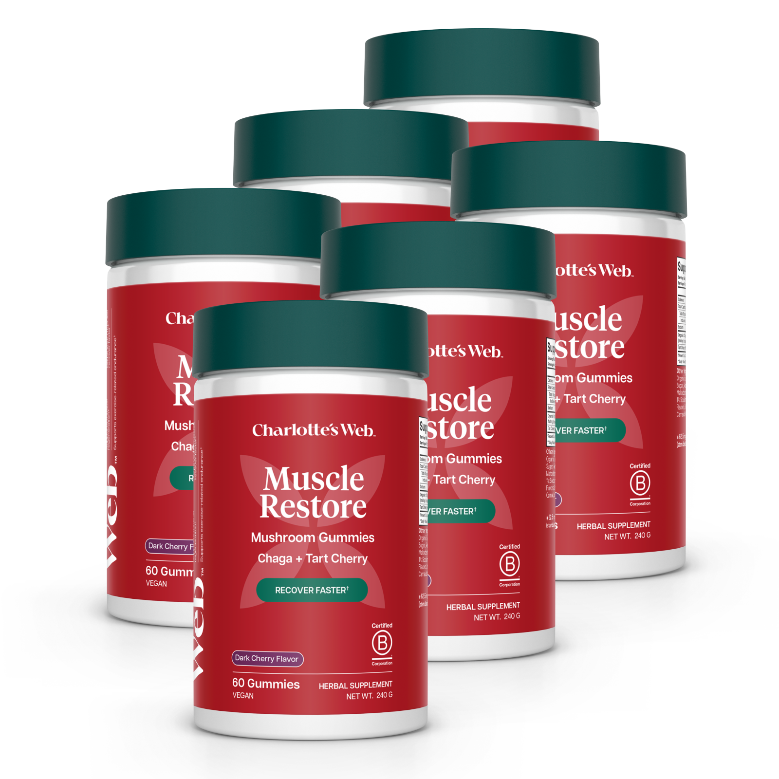 Product Image for Multiple bottles of Charlotte&#39;s Web Muscle Restore Mushroom Gummies on a white background