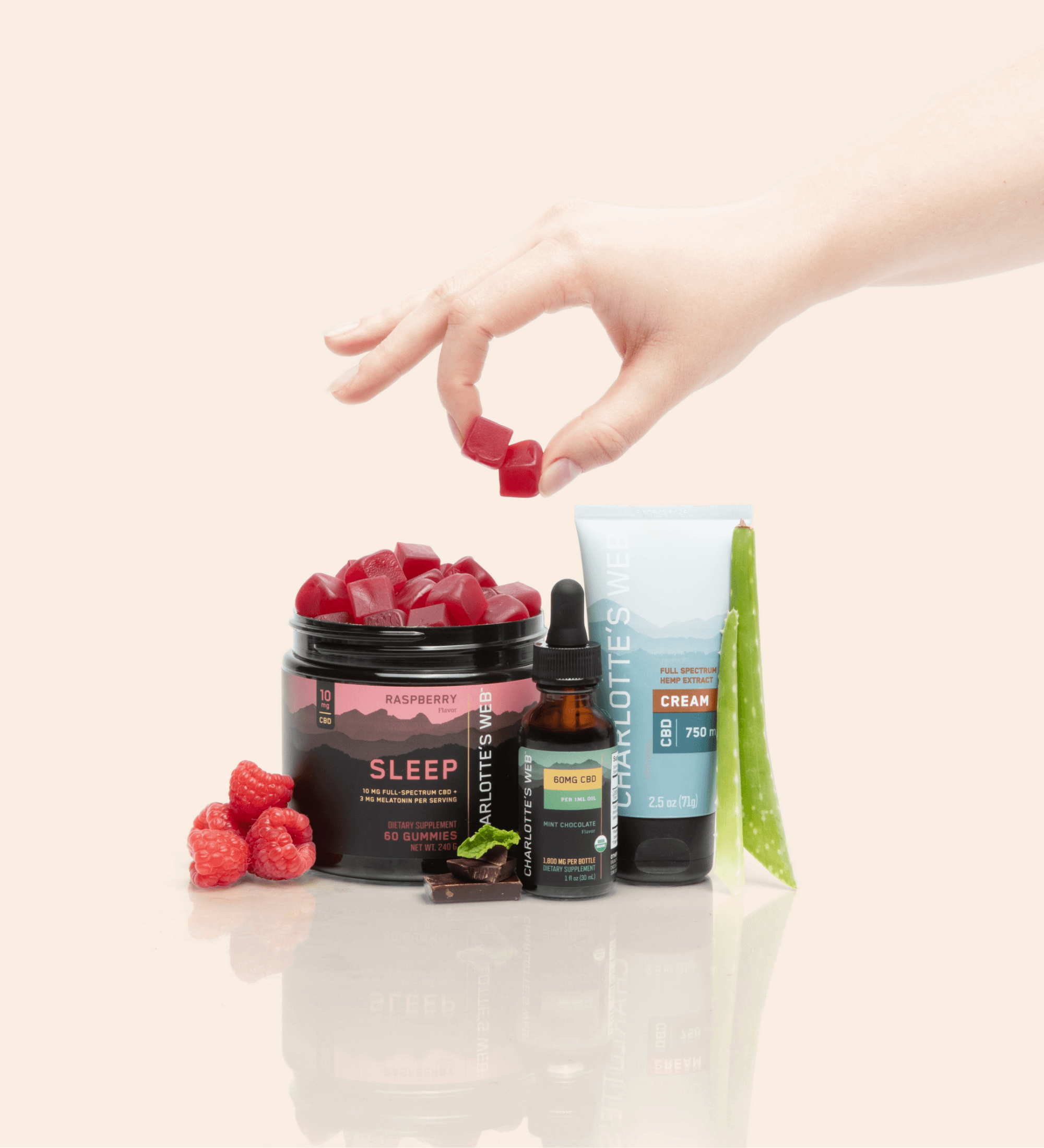 Hand interacting with a jar of gummies, surrounded by various health and wellness products on a light background.