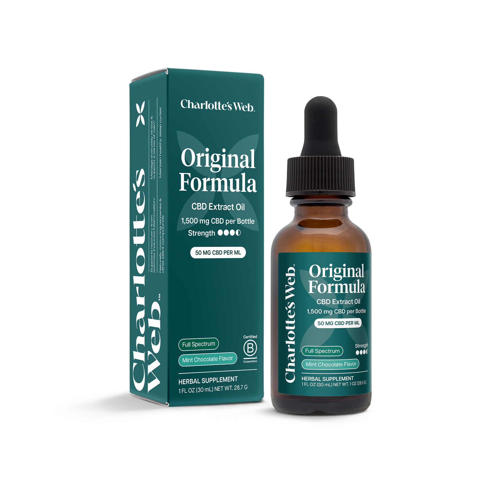 Product Image for Charlotte&#39;s Web CBD Extract Oil bottle and packaging on a white background
