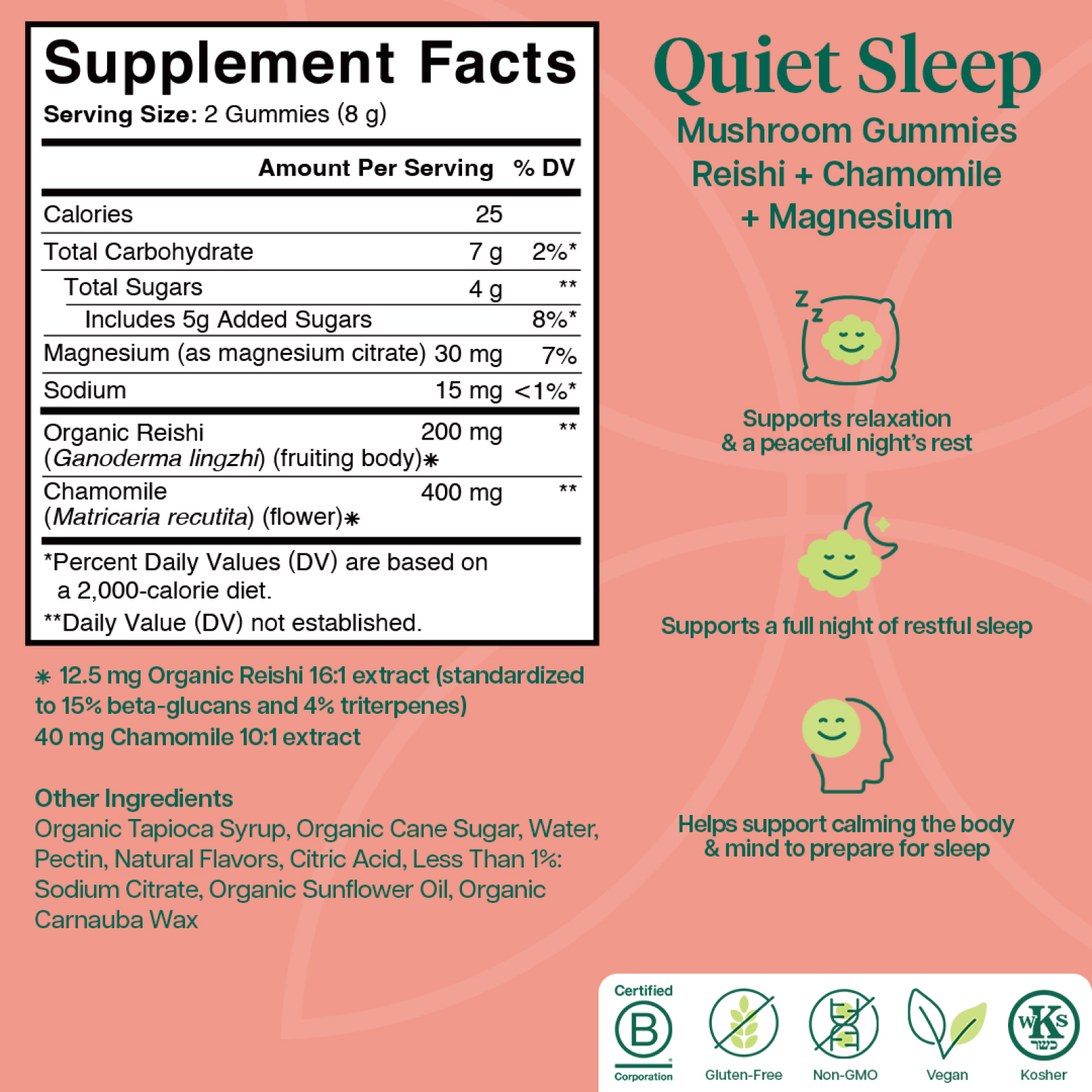 Product Image for Supplement facts label for Quiet Sleep Mushroom Gummies with a pink background