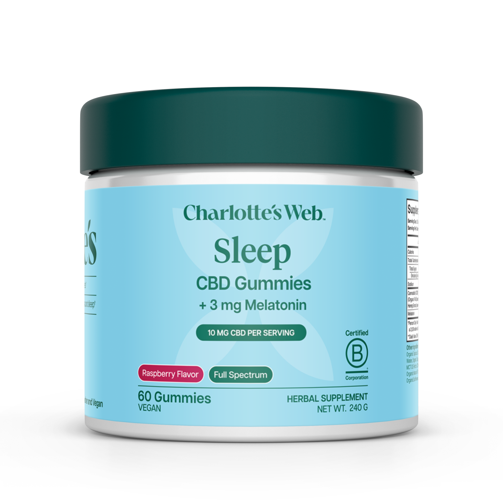 Jar of Charlotte&#39;s Web Sleep CBD Gummies with blue label on white background