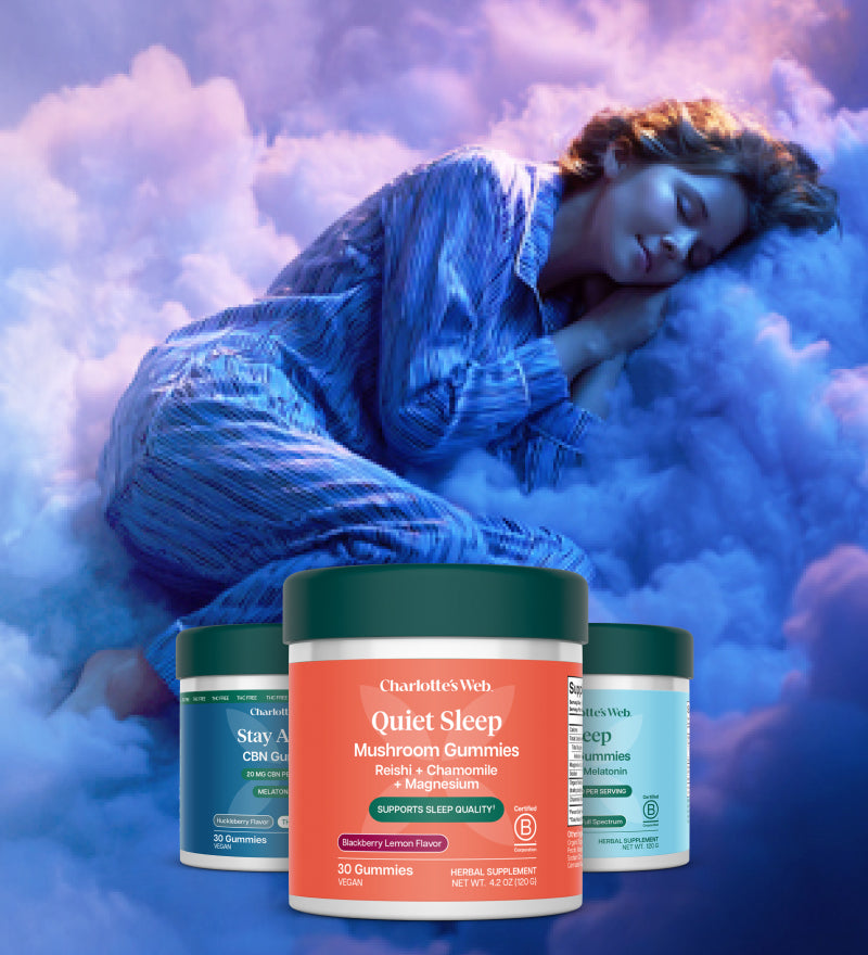 Person lying on a cloud with Charlies Web Quiet Sleep mushroom gummies in the foreground