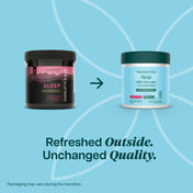 Product Image for Two containers of Charlotte&#39;s Web Sleep gummies on a blue background with text &#39;Refreshed Outside. Unchanged Quality.&#39;