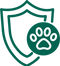 Green shield icon with a paw print inside on a white background