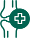 Green icon of healthy joint with a white cross in the center on a white background