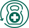 Green medical symbol with a cross inside a circle on a white background