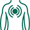 Green icon of a body outline with a central circular design on the upper back on a white background