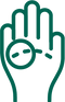 Green icon of a hand with a circular symbol inside