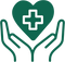 Two hands holding a green heart with a white cross symbol